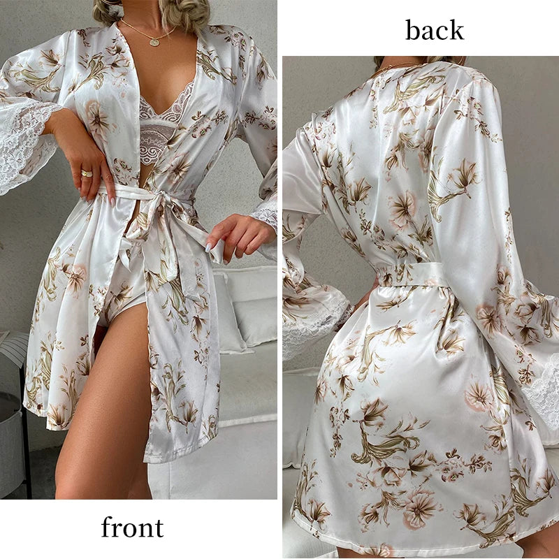 Chemise de nuit décontractée en satin imprimé pour femmes avec ceinture, peignoir sexy à col en V, c