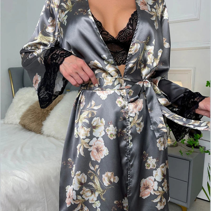 Chemise de nuit décontractée en satin imprimé pour femmes avec ceinture, peignoir sexy à col en V, c